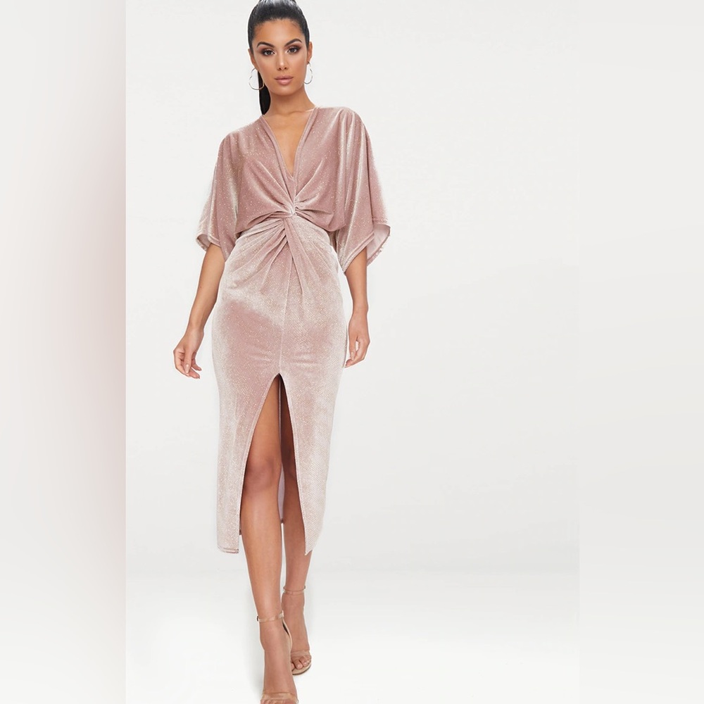 Dusty Pink Plunge Batwing Sleeve Knotted Detail Midi Dress